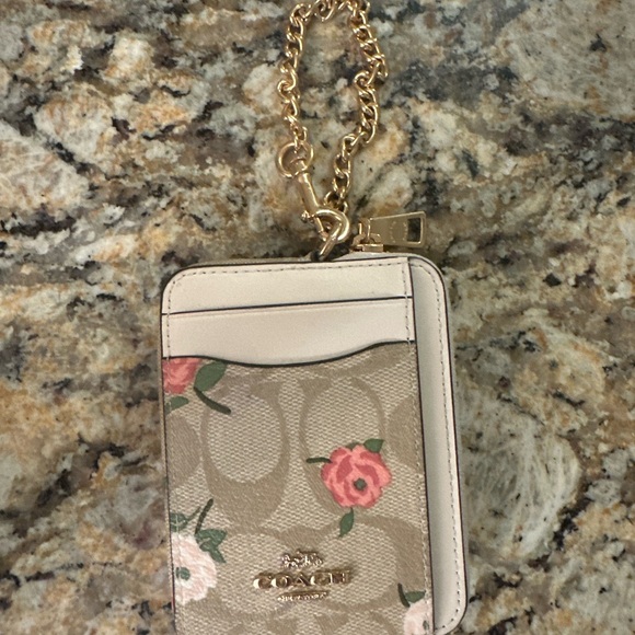 Coach Beige Floral Card Holder with Gold Chain - Picture 1 of 4